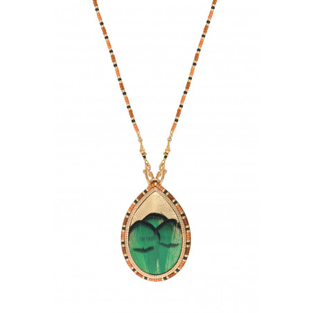 Collier pendentif poétique perles du Japon plume et cuir I vert