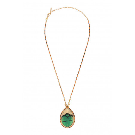 Collier pendentif poétique perles du Japon plume et cuir I vert89410
