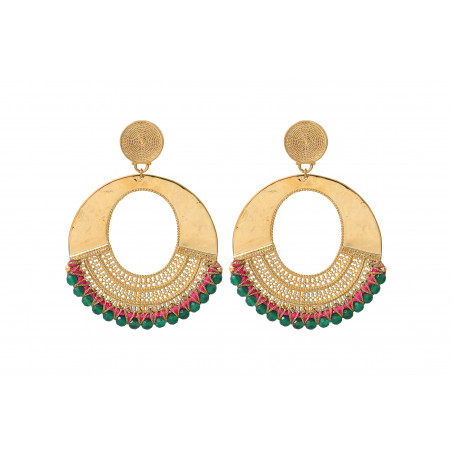 Fashionable gold metal and gemstone clip-on earrings - green