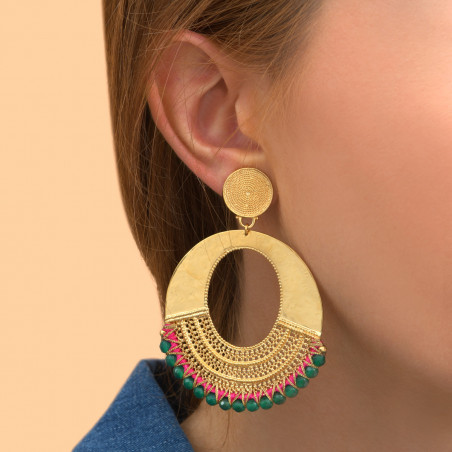 Fashionable gold metal and gemstone clip-on earrings | green89453
