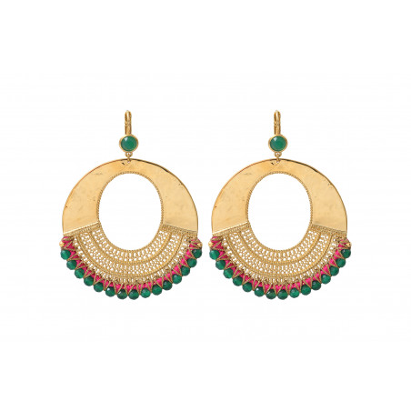 Fashionable gold-plated metal and gemstone sleeper earrings | green