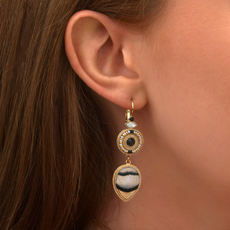 Chic onyx feather and leather sleeper earrings - white89679