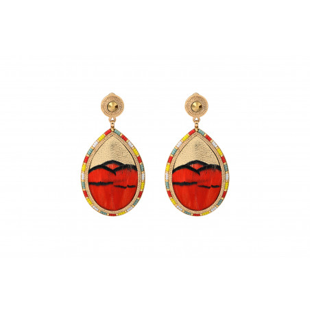 Colourful feather and leather clip-on earrings - red