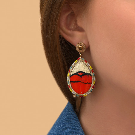 Colourful feather and leather clip-on earrings - red89695