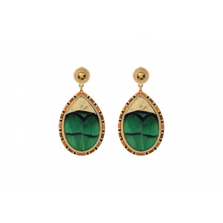 Modern feather and leather clip-on earrings - green