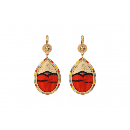 Colourful feather and leather sleeper earrings - red