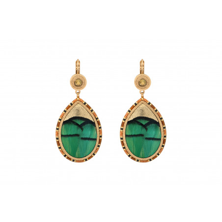 Modern feather and leather sleeper earrings - green