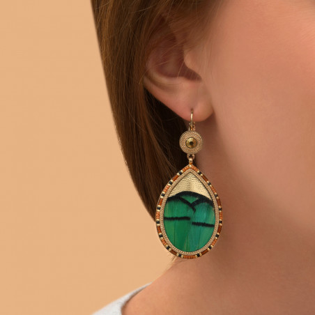 Modern feather and leather sleeper earrings - green89707