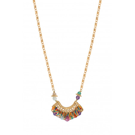 Collier pendentif réglable original perles gemmes tissées - multicolore