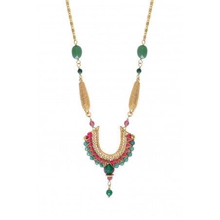 Collier pendentif réglable moderne perles dorées pierres gemmes I vert