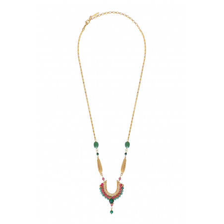 Collier pendentif réglable moderne perles dorées pierres gemmes I vert89745