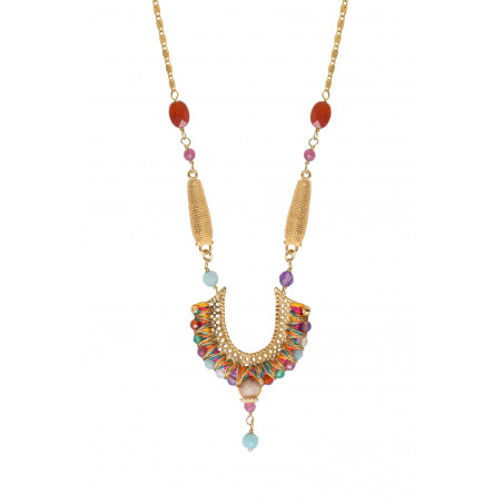 Collier pendentif réglable unique perles dorées pierres gemmes - multicolore