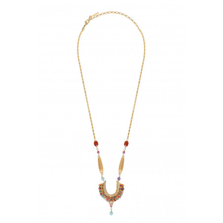 Collier pendentif réglable unique perles dorées pierres gemmes I multicolore89748