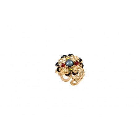 Feminine enamelled resin flower bead adjustable ring I turquoise