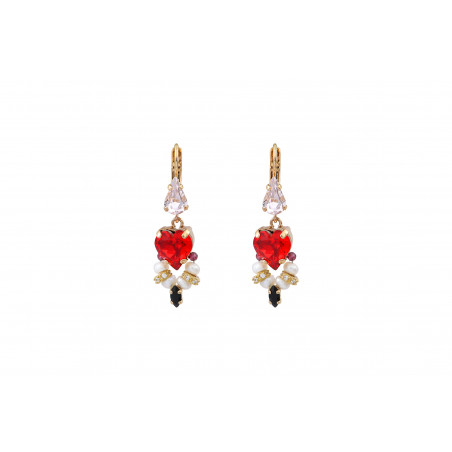 Heart crystal freshwater pearl sleeper earrings - red