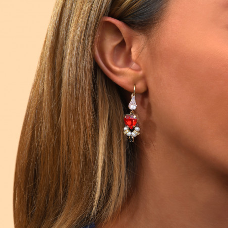 Heart crystal freshwater pearl sleeper earrings - red90064