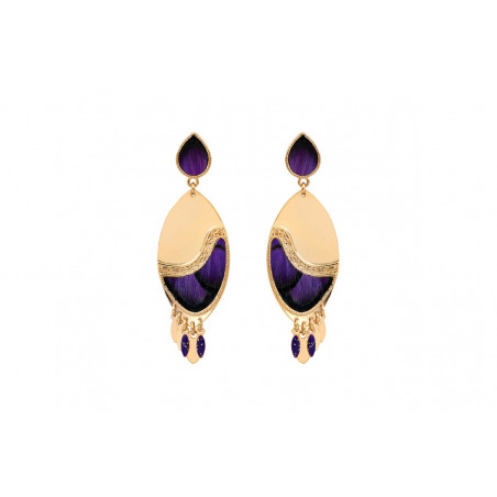 Elegant feather enamelled resin stud earrings - purple