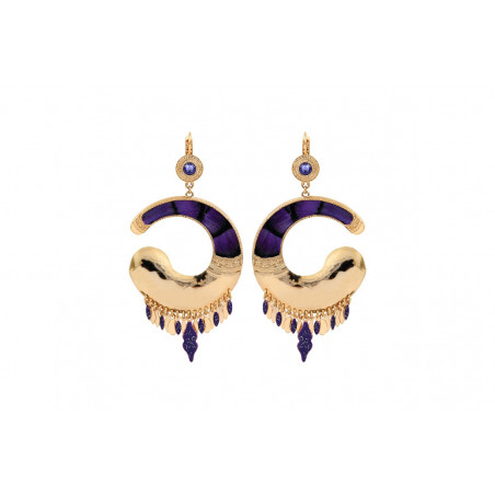 Colourful feather enamelled resin sleeper earrings - purple