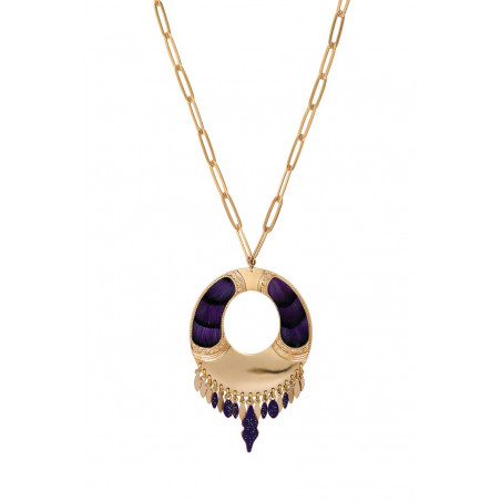 Collier pendentif rond réglable plumes - violet