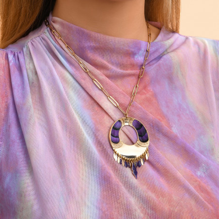 Collier pendentif rond réglable plumes - violet92660