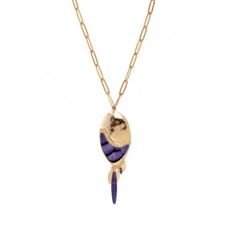 Modern feather enamelled resin adjustable pendant necklace - purple
