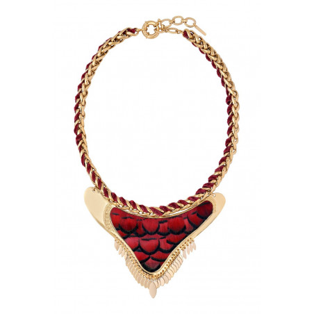 Statement feather and velvet adjustable breastplate necklace - red
