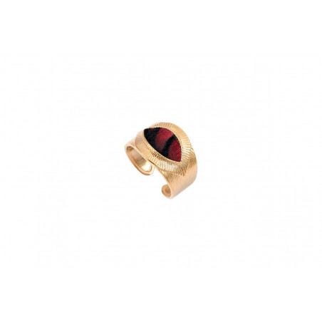 Feather and gold-plated metal adjustable ring - red