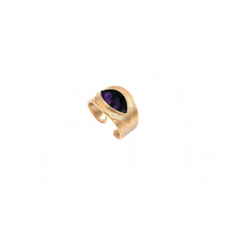 Refined feather and gold-plated metal adjustable ring - purple