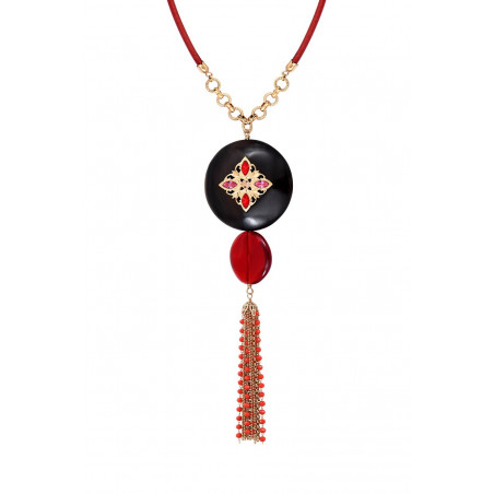 Prestige crystal wood pompom adjustable sautoir necklace - red wood