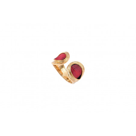 Glamorous feather and gold-plated metal adjustable toi et moi ring - red
