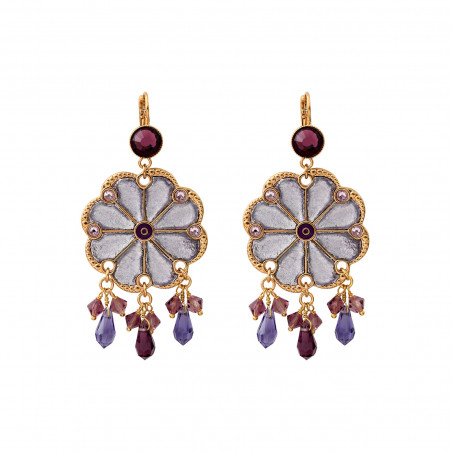 Boucles d'oreilles dormeuses feuilles d'argent cristaux Prestige - violet