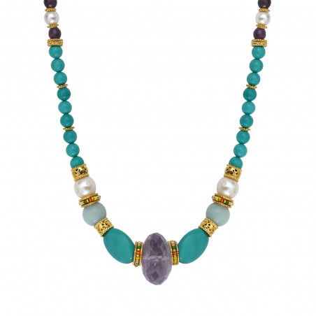 Tiki gemstone and river pearl short necklace