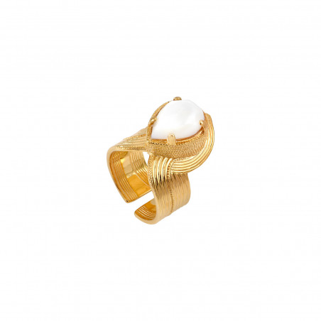 Cut mother-of-pearl gold-plated metal large adjustable ring - white