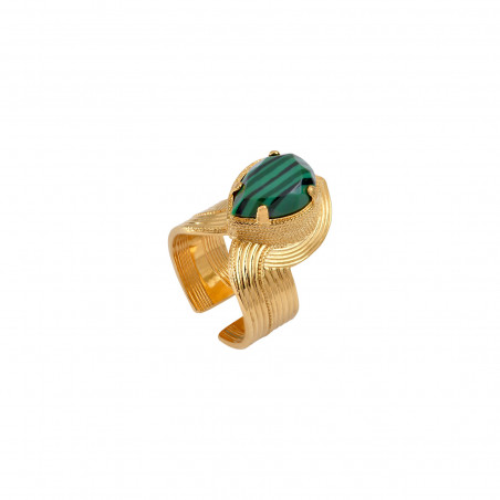 Cut cabochon gold-plated metal large adjustable ring - green