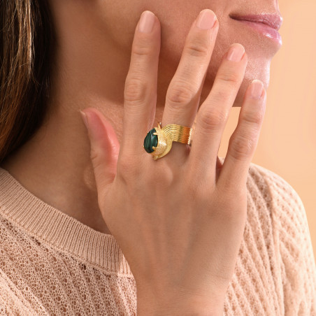 Cut cabochon gold-plated metal large adjustable ring - green94880