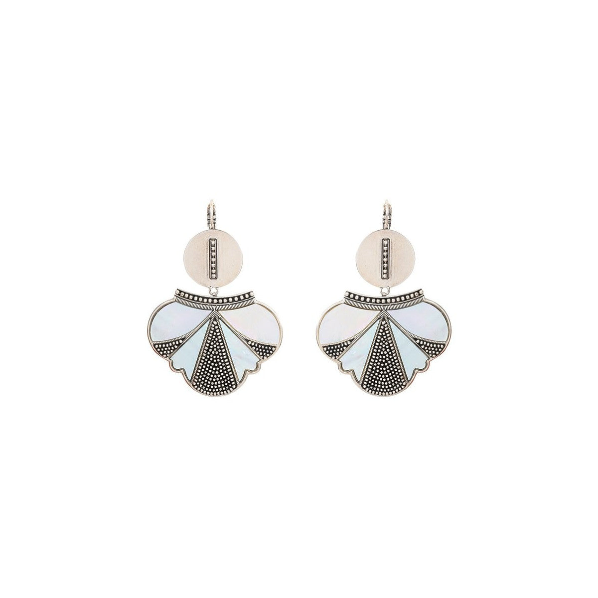 Boucles d'oreilles dormeuses fantaisie métal et nacre - blanc Blanc argent