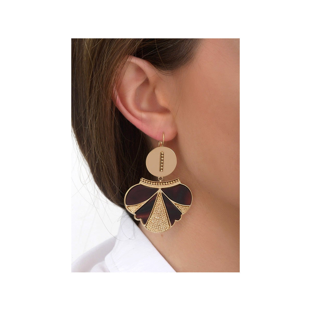 Boucles d'oreilles dormeuses rock métal et nacre - noir Noir or