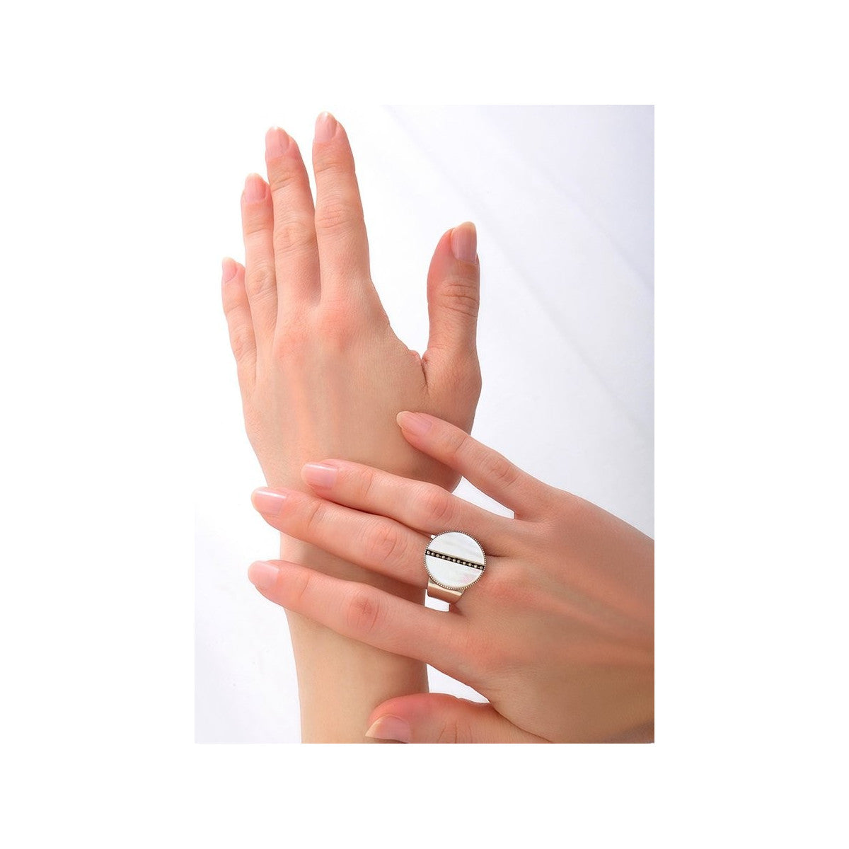 Bague large moderne ajustable nacre et métal - blanc Blanc argent
