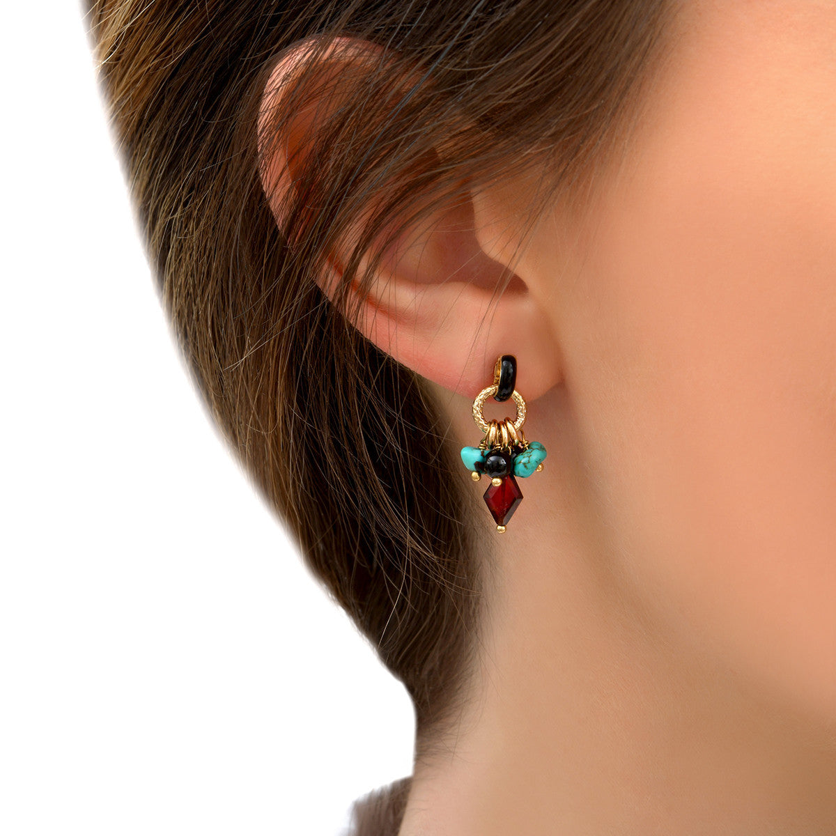 Boucles d'oreilles percées fantaisies grenat turquoise et onyx - rouge Rouge turquoise