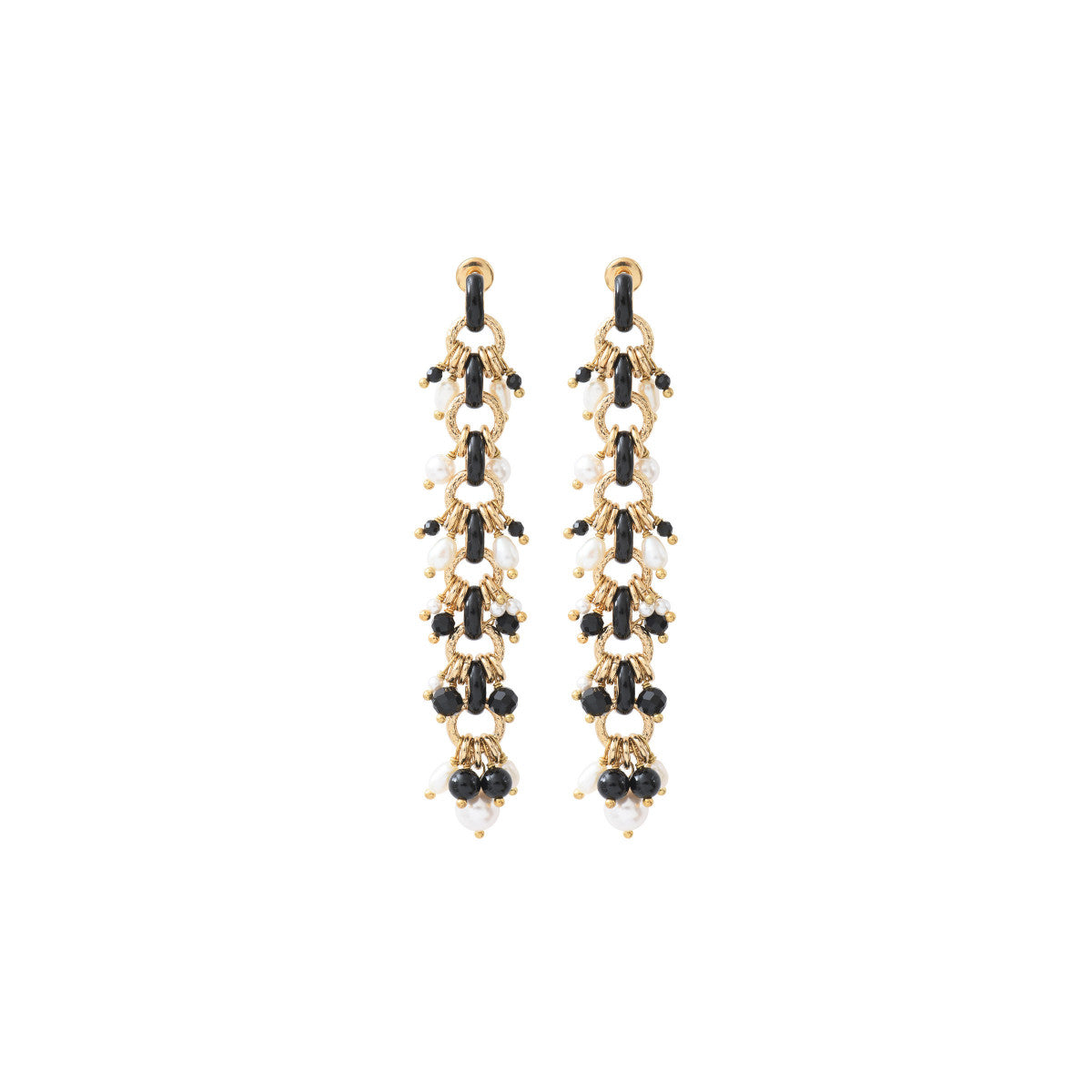Boucles d'oreilles pendantes perles de rivière et onyx - noir Noir blanc