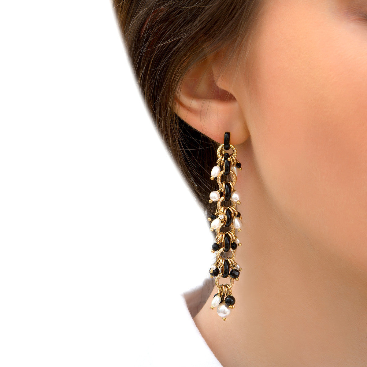Boucles d'oreilles pendantes perles de rivière et onyx - noir Noir blanc