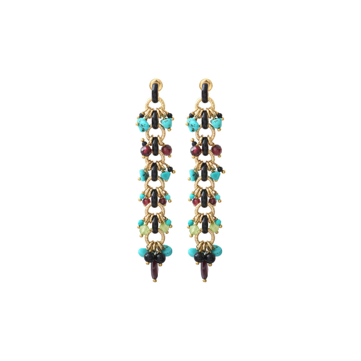 Boucles d'oreilles percées colorées turquoise onyx et grenat - bleu Rouge turquoise