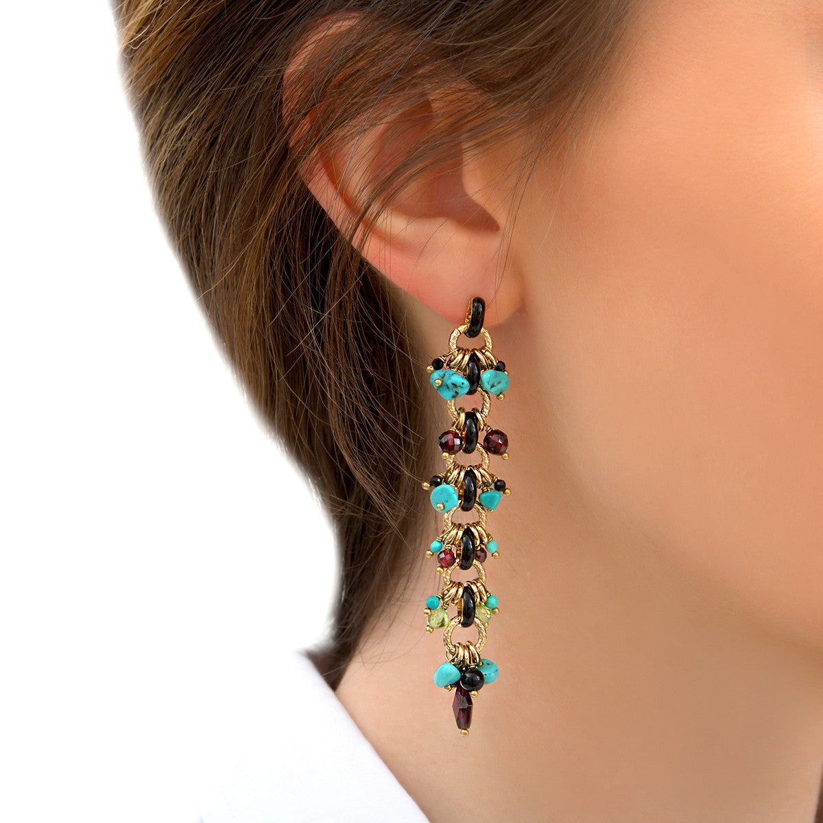 Boucles d'oreilles percées colorées turquoise onyx et grenat - bleu Rouge turquoise