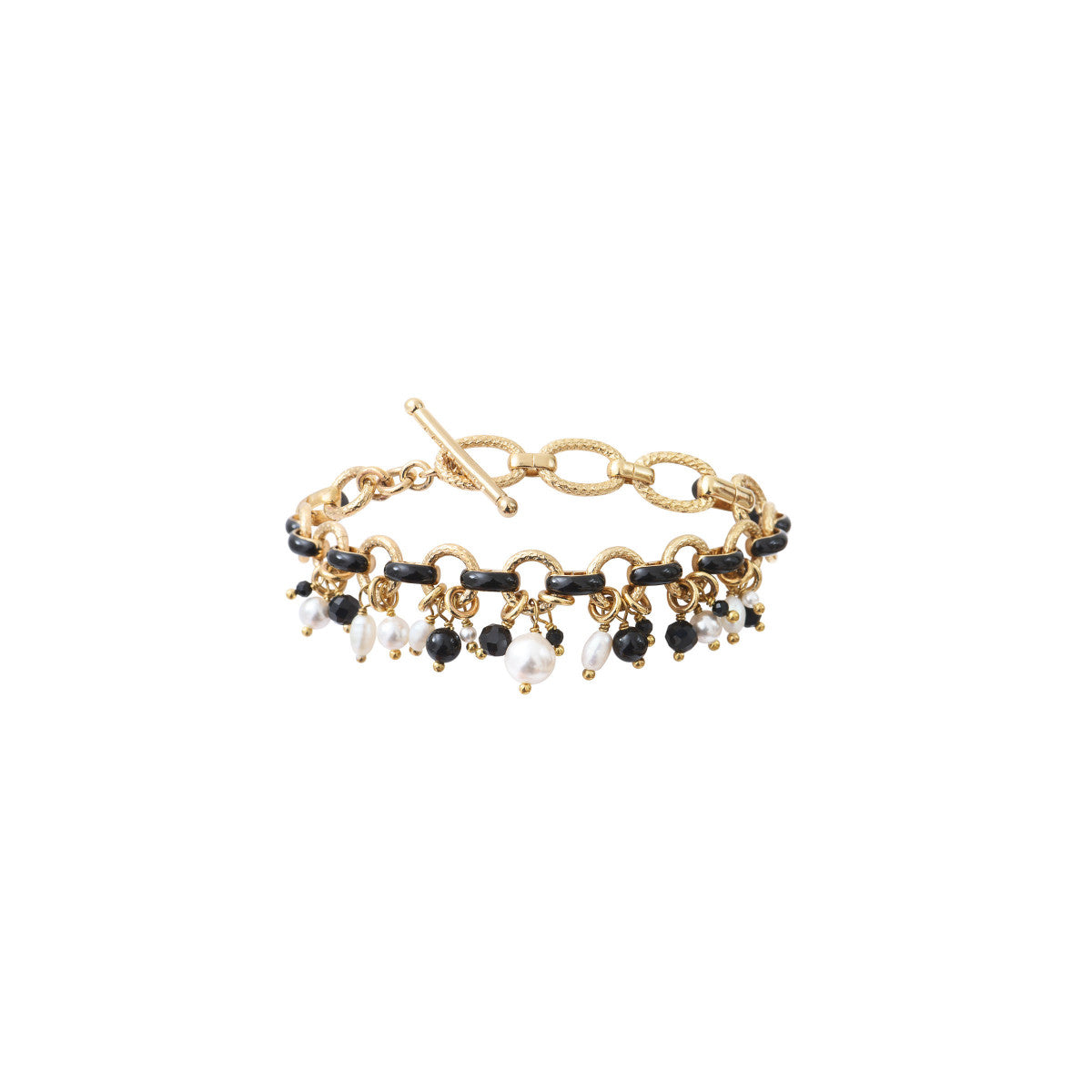 Bracelet souple perles de rivière et onyx - noir Noir blanc