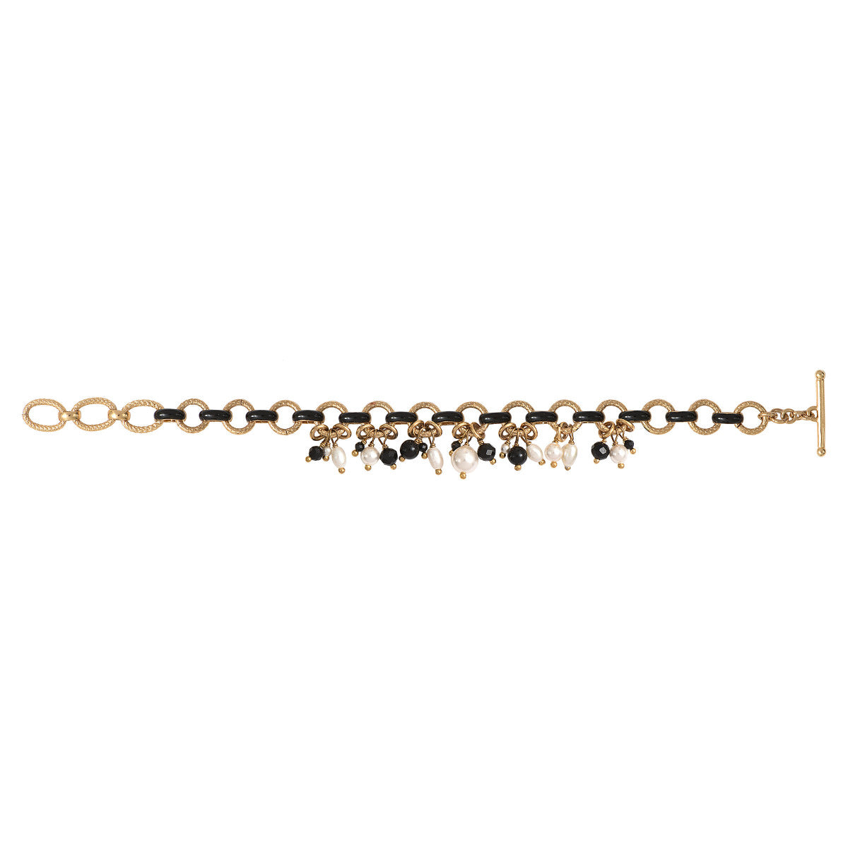 Bracelet souple perles de rivière et onyx - noir Noir blanc