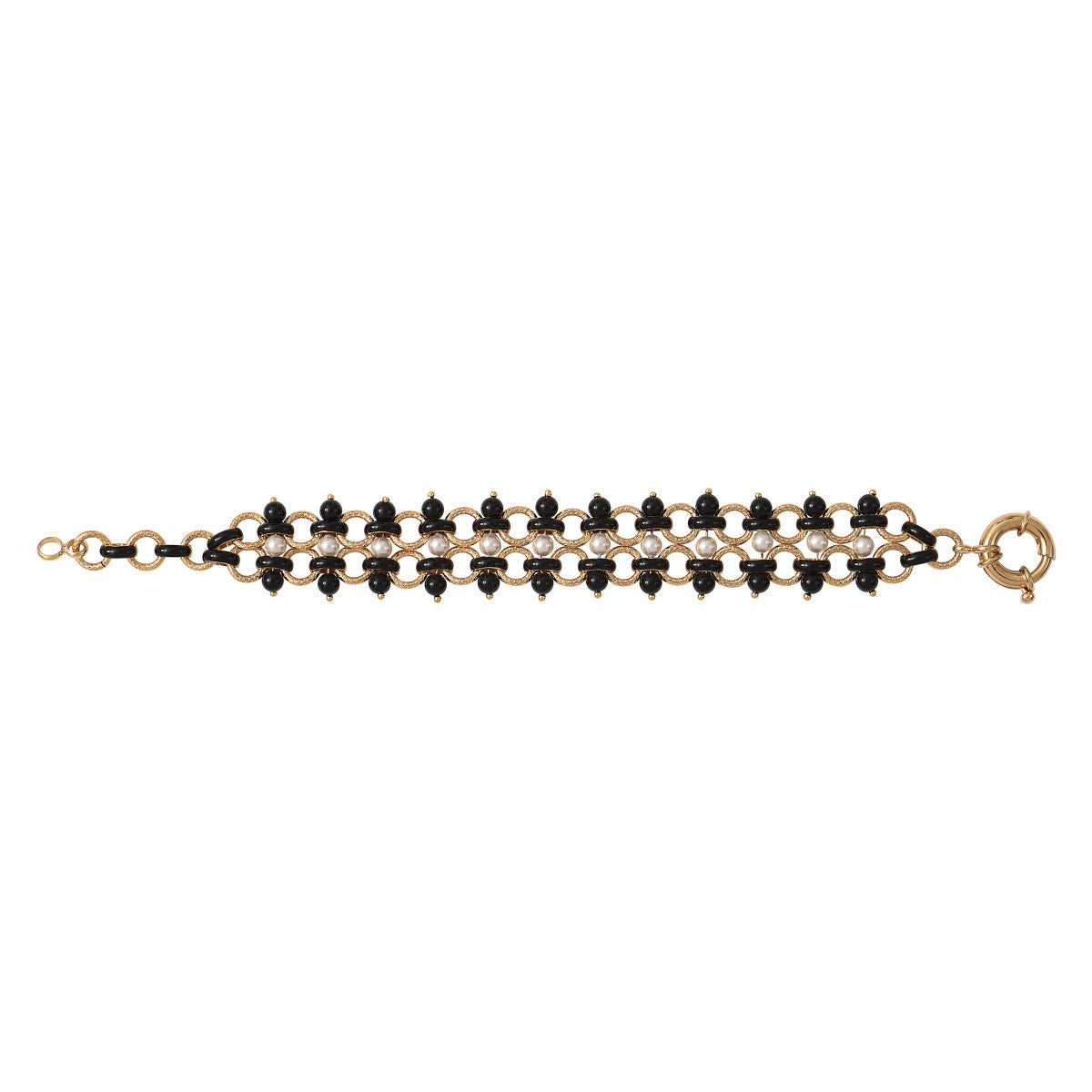 Bracelet souple graphique perles nacrées et onyx - noir Noir blanc