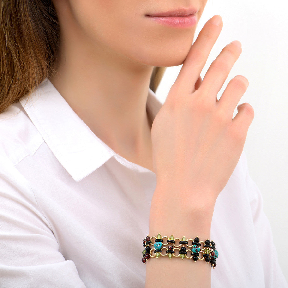 Bracelet souple audacieux turquoise grenat et onyx - bleu Rouge turquoise