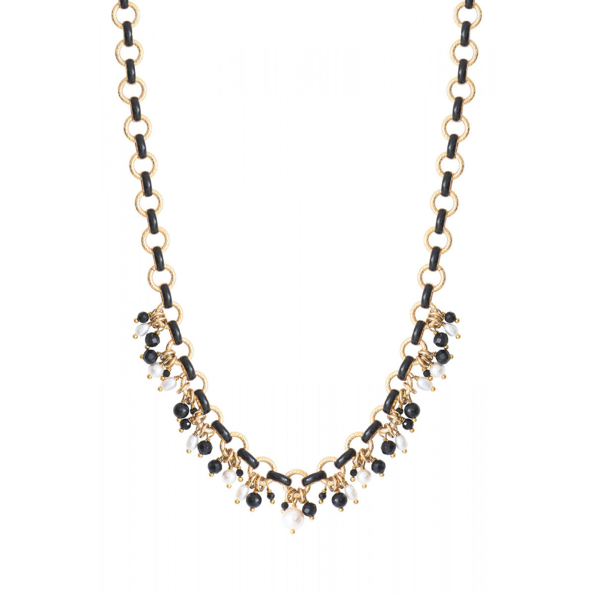 Collier chaîne breloques perles de rivière et onyx - noir Noir blanc