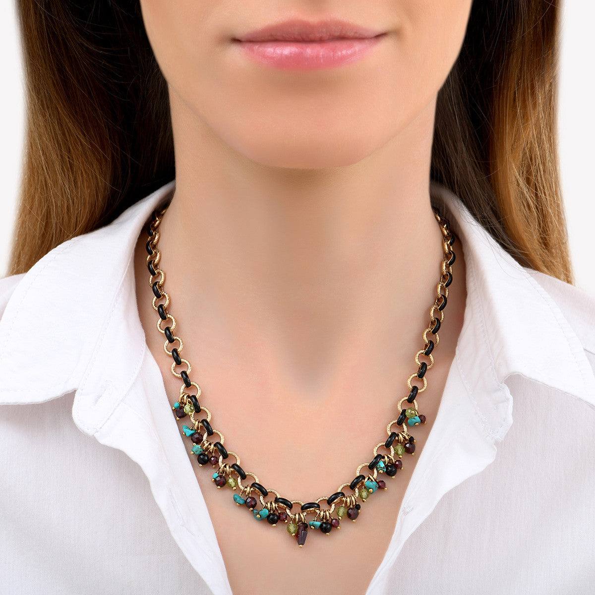 Collier chaîne grenat turquoise et péridot - rouge Rouge turquoise