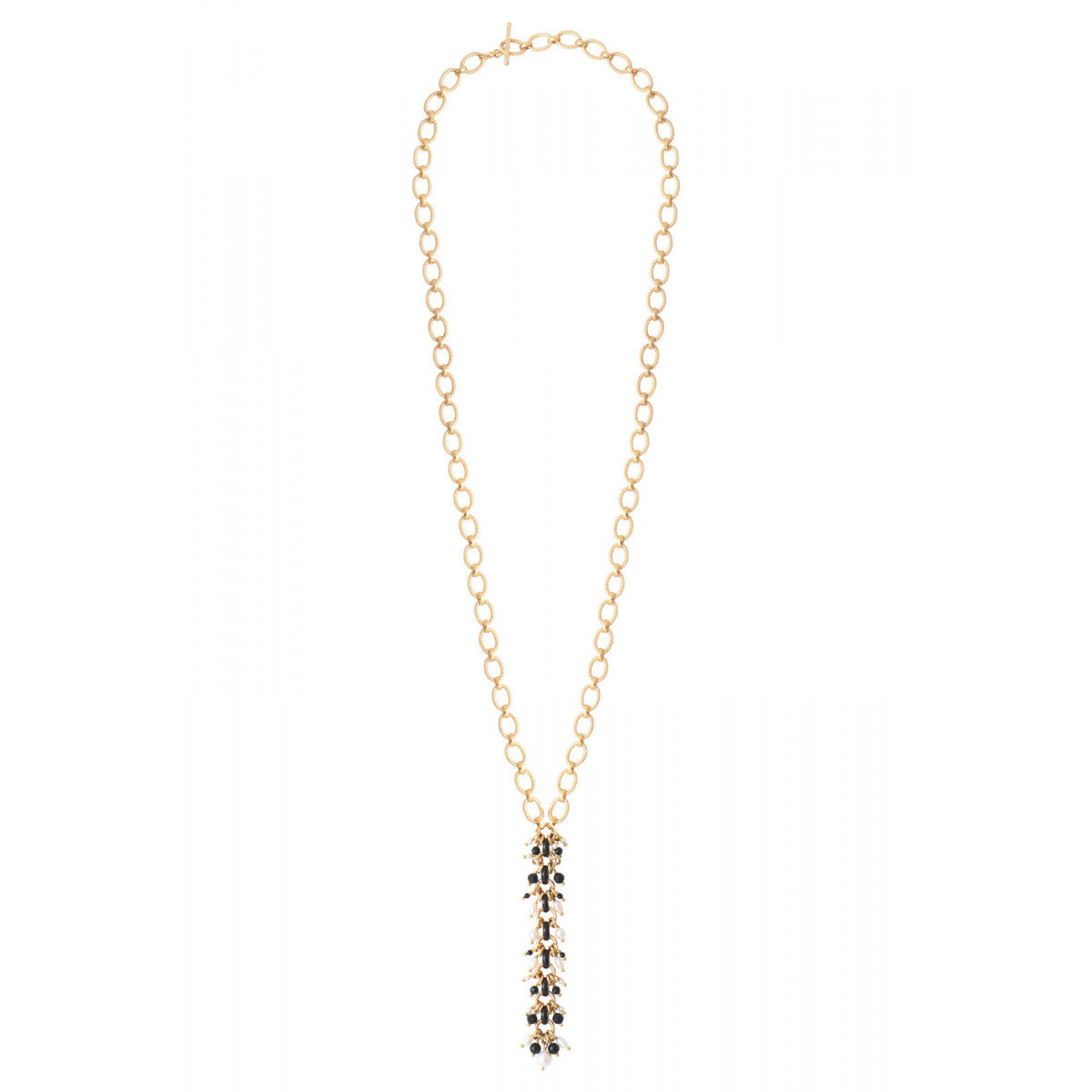 Sautoir chaîne précieux perles de rivière et onyx - noir Noir blanc